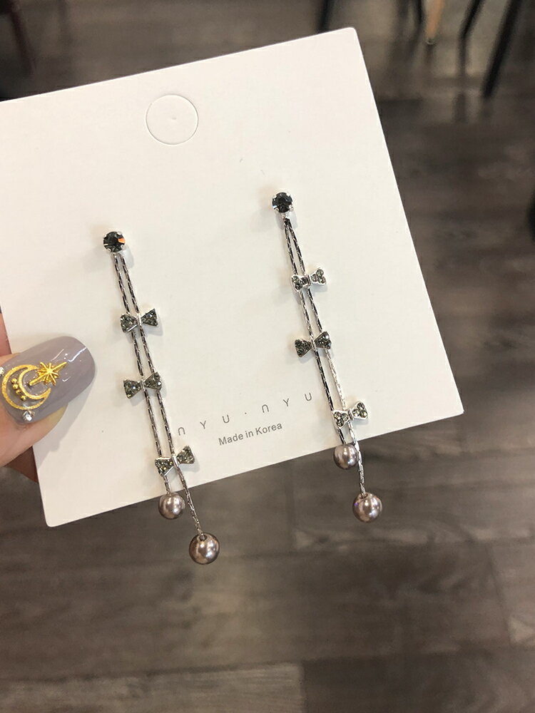 網紅耳環女新款韓國長款流蘇蝴蝶結網紅氣質瘦臉s925純銀耳釘1入
