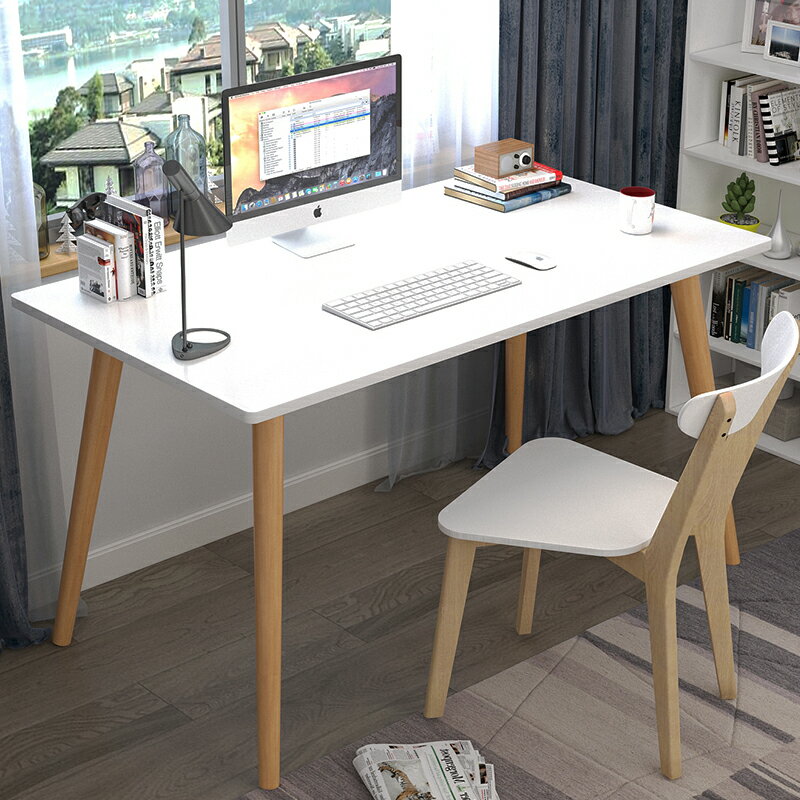 北歐風電腦桌臺式家用學習辦公寫字桌簡易現代臥室實木腿書桌【優妮好貨】