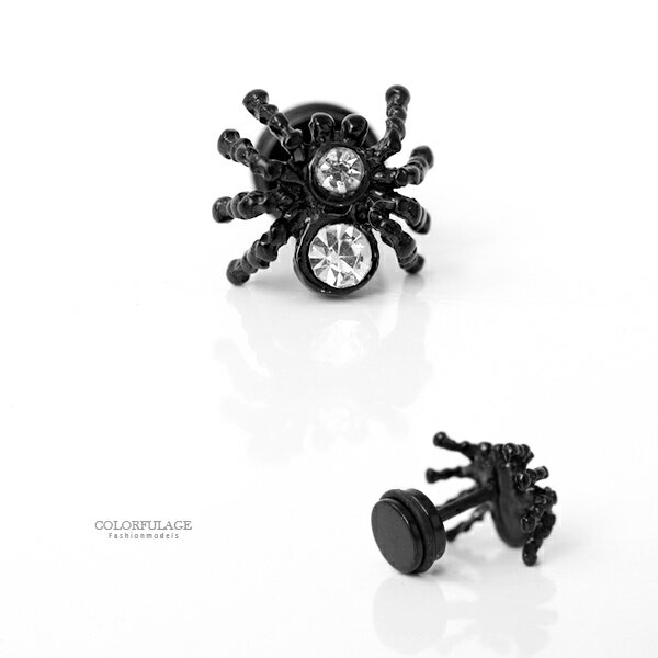 <br/><br/>  耳針 黑立體蜘蛛水鑽鋼製耳環 柒彩年代【ND445】<br/><br/>
