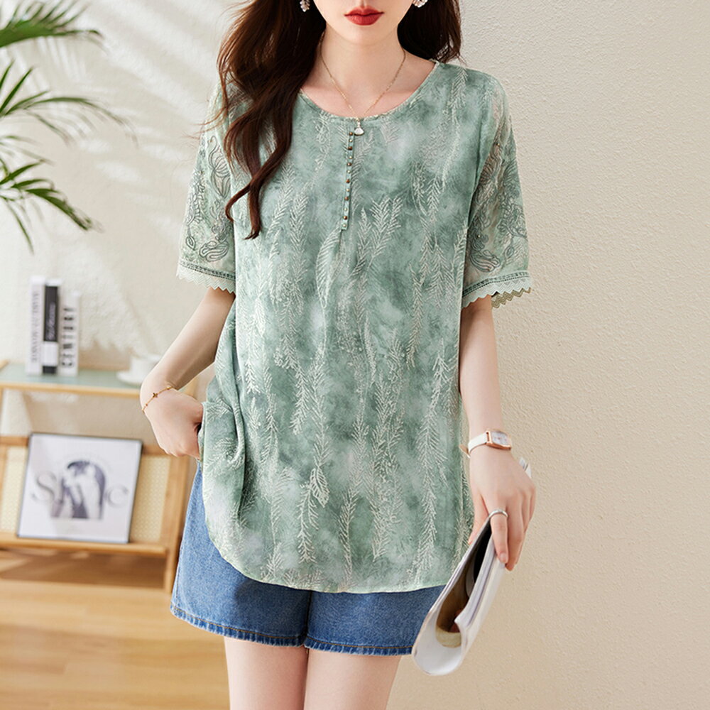 ＊ORead＊釘珠提花短袖雪紡上衣(黑色M~5XL)