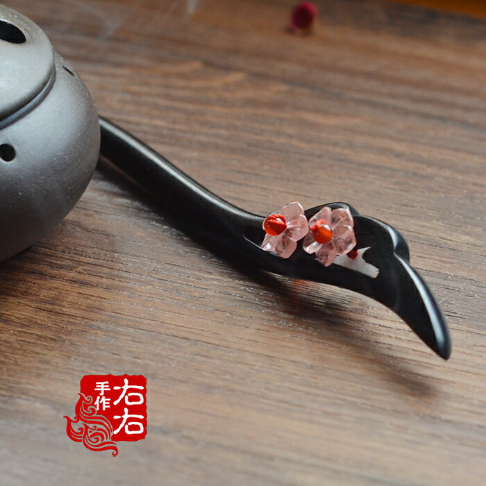 手工雕刻黑檀木發簪子復古典盤發新娘古風發飾漢服水晶羽思1入