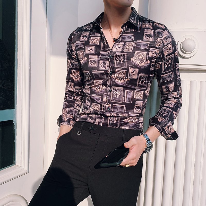 FINDSENSE 品牌 2019 春季 新款 歐美 潮流 印花 修身 個性 社會 男青年 長袖 免燙 襯衫