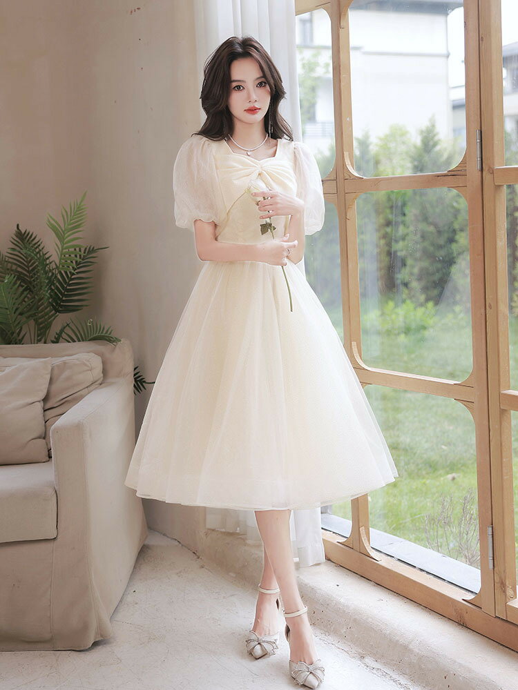 晚禮服連身裙 香檳色公主晚禮服裙宴會女氣質2024新款夏季小眾法式名媛聚會生日