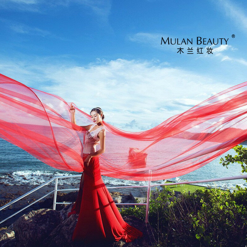 新款簡約紅色影樓攝影素紗新娘結婚婚紗頭紗超長3米5米10米