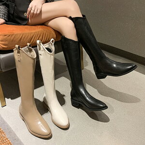 西部牛仔靴白色v口瘦瘦靴高跟長靴2021年新款中筒騎士靴棕色女靴