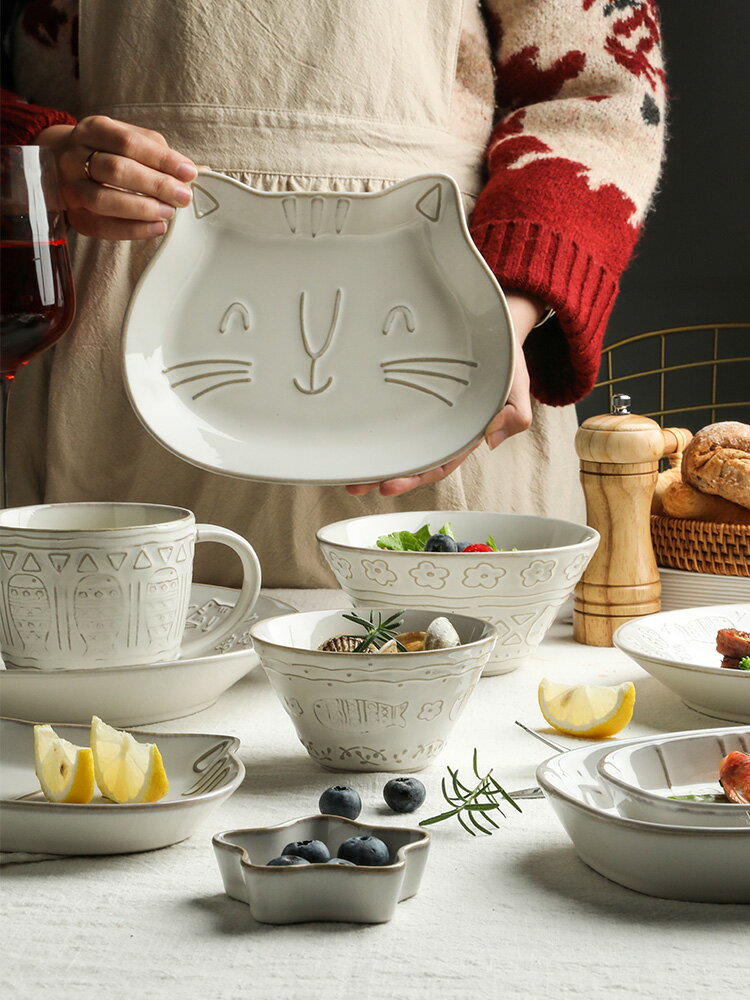 卡通喵咪餐具套裝碗盤家用組合創意可愛碗筷碗具碗碟套裝