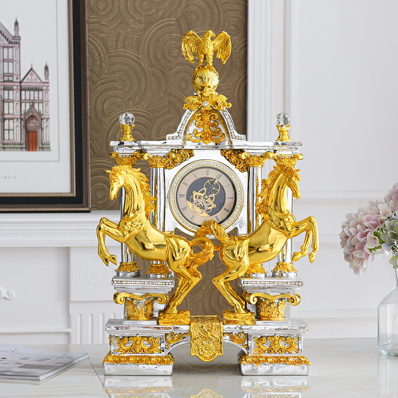 歐式美式家居飾品擺件軟裝奢華樣板房裝飾時鐘座鐘別墅擺飾雙馬鐘