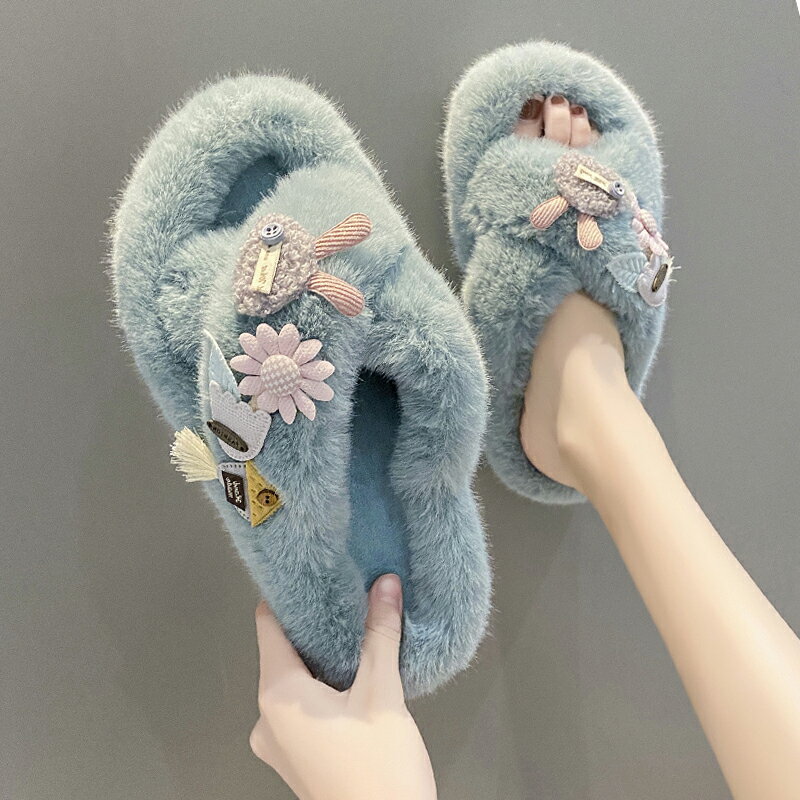 2021秋冬新款毛茸茸居家平底防滑外穿一字拖仙女風交叉毛毛拖鞋女