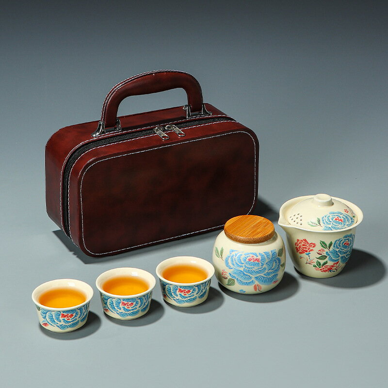 高顏值刺繡牡丹旅行茶具功夫茶具蓋碗茶杯茶葉罐套組禮品