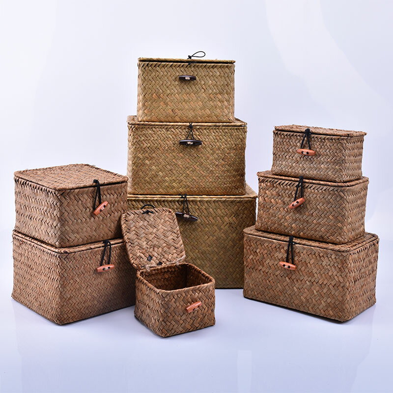 海草收納盒儲物盒草編竹編帶蓋桌面收納筐手工編織雜物整理包裝盒