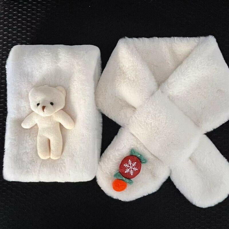 可愛小熊圍巾學生少女情侶款韓國ins毛絨加厚仿兔毛交叉保暖圍脖 韓版男裝 春夏秋男裝 春夏裝
