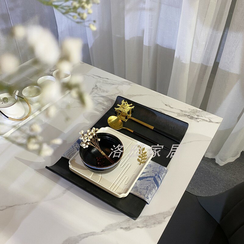 新中式樣板間餐具擺臺高檔私人會所別墅酒店餐廳餐桌方形餐盤擺件