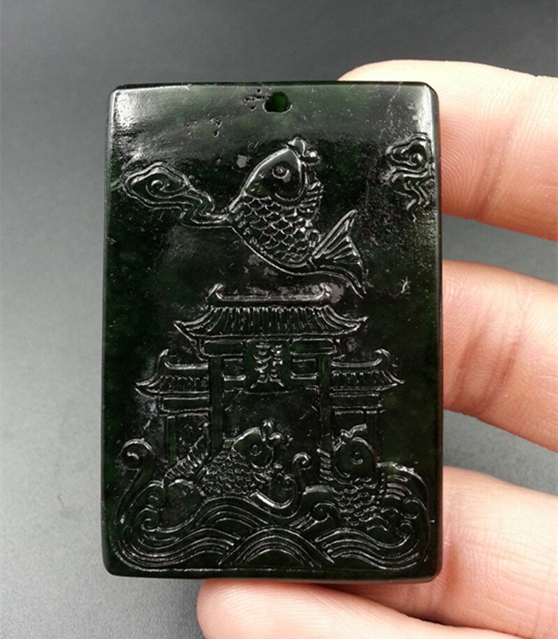 正品A貨天然玉石新疆和田墨玉鯉魚跳龍門玉掛件玉吊墜玉牌子