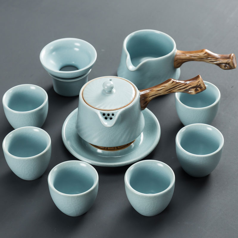 側把汝窯功夫茶具套裝家用茶壺茶杯承6人簡約辦公茶器陶瓷禮盒裝
