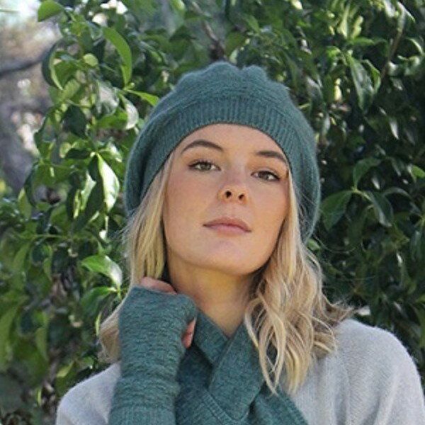 灰綠色織紋保暖貝蕾帽紐西蘭貂毛羊毛帽