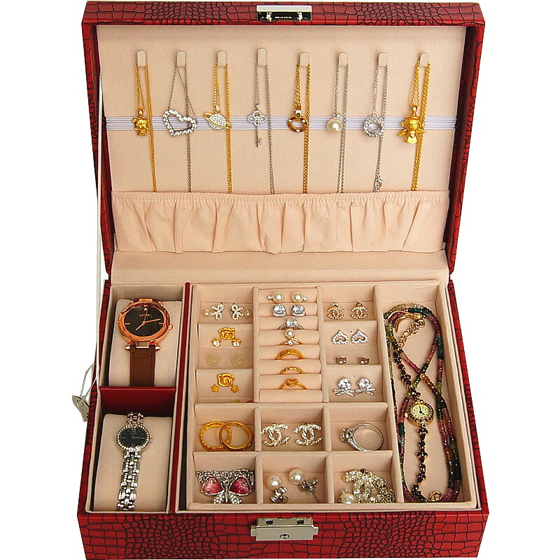 首飾盒帶鎖手表盒戒指袖扣手鐲飾品項鏈收納盒雙層帶公主歐式珠寶