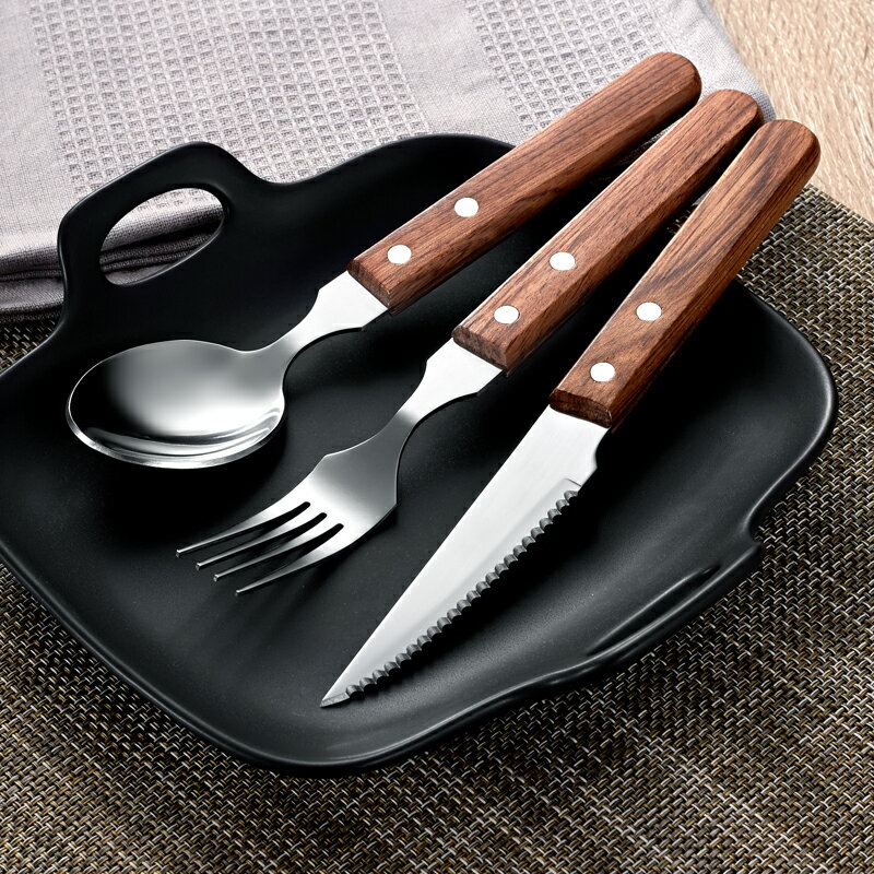 木柄牛排刀叉套裝ins風西餐刀叉勺三件套家用西餐具牛排刀兩件套