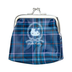 asdfkitty*KITTY蘇格蘭紋 防水 雙珠扣零錢包 迷你化妝包 藍色大臉-日本正版商品