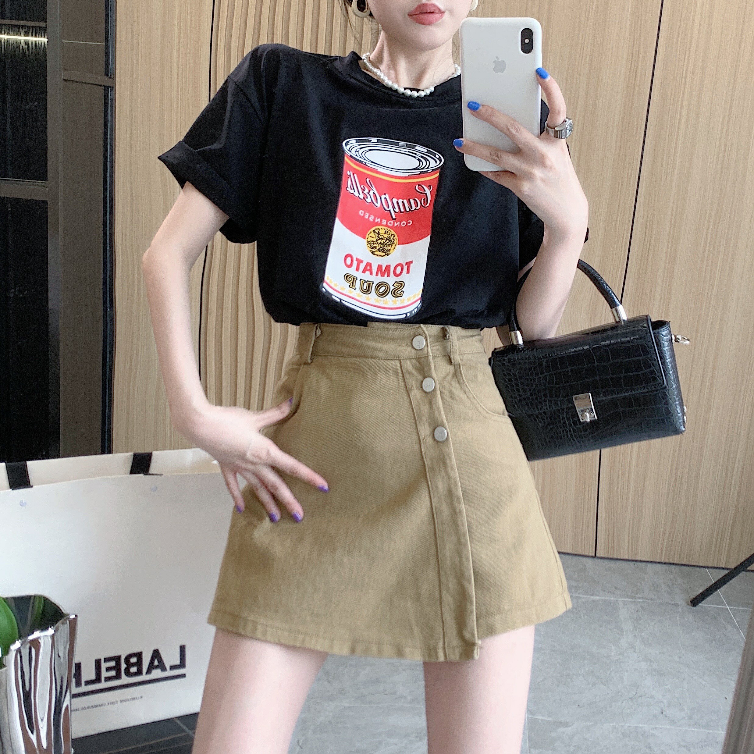 夏季新款韓版寬松印花短袖t恤女設計感不規則牛仔裙兩件套
