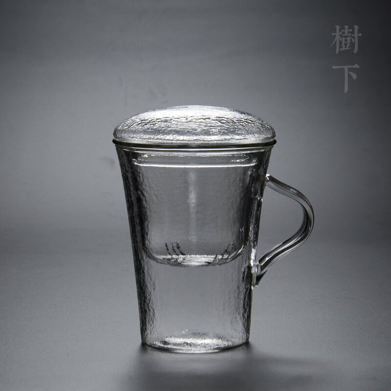 日式錘紋加厚耐熱玻璃水杯子簡約創意馬克杯辦公杯帶蓋過濾泡茶1入