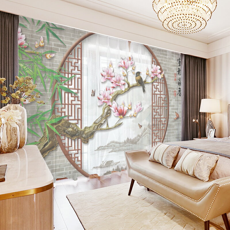新中式現代古典窗紗書房茶室辦公室山水花鳥畫窗簾中國風禪意紗簾