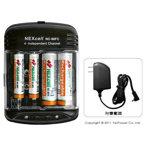 NEXcell NC-60FC台灣耐能4充專業充電器、放電器 / 可充AA、AAA及9V充電電池 / 台灣製