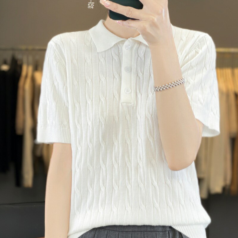 現貨+預購 針織衫短袖毛衣-休閒POLO衫天絲麻花女上衣2色74lc61【獨家進口】【米蘭精品】