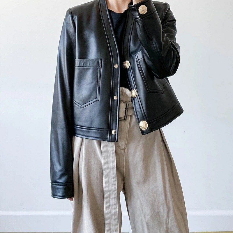 【巴黎精品】皮衣外套真皮夾克-短款V領裝飾大扣女外套3色a1dp29
