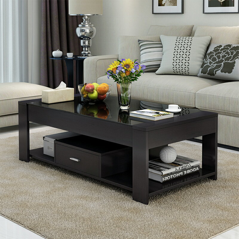 《黑帝斯》免運費 抽屜 茶几 工業風 玻璃 大几 長方 收納大茶几 桌子 創意傢俱 日式 木質 收納茶幾 黑色 柚木色 原木色 【新生活家具】 2