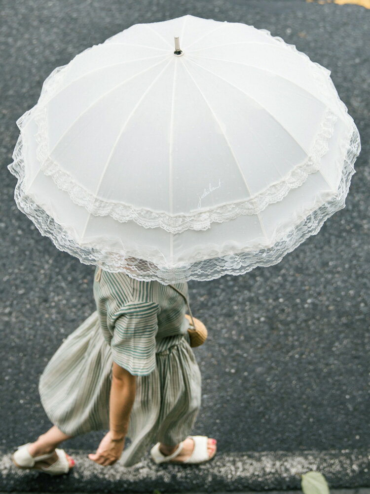洋傘白色公主風晴雨傘雙層蕾絲長柄太陽傘彎柄攝影遮陽傘女士