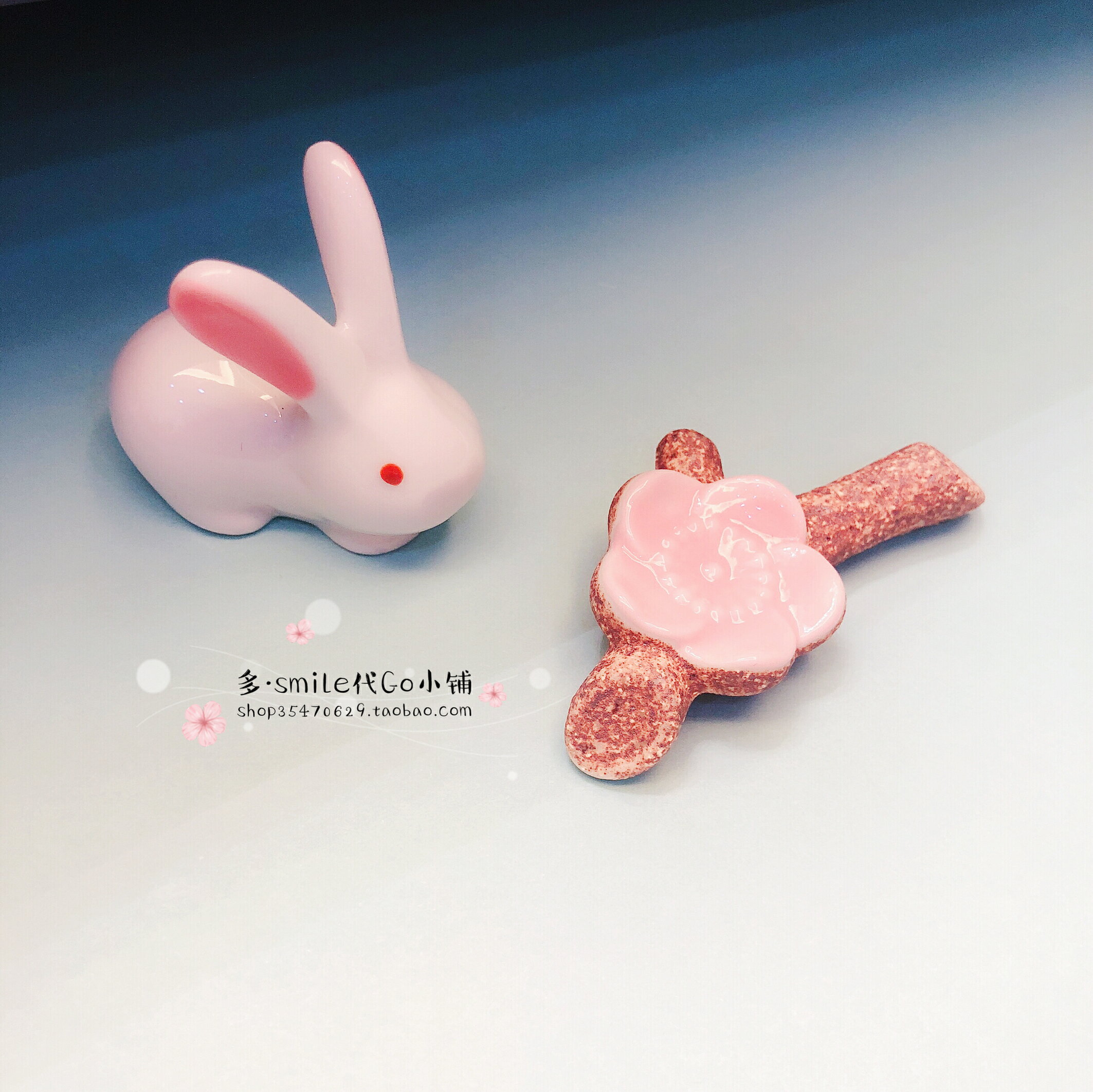 進口陶瓷粉色櫻花可愛萌兔子花卉花朵小擺件筷子架