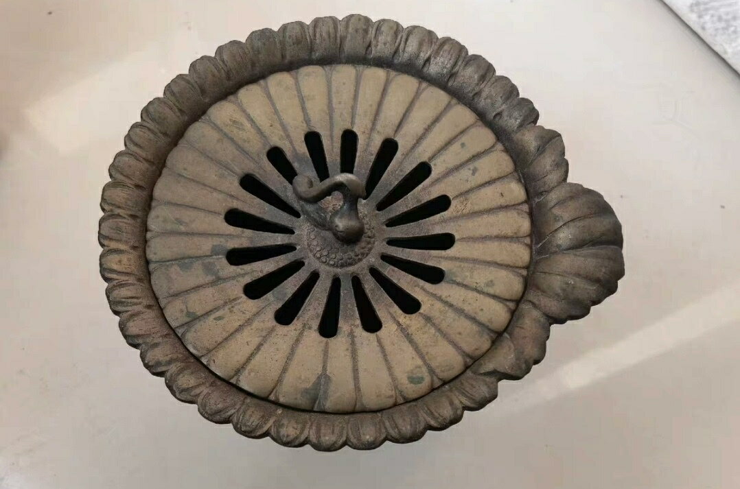 日本大正時期割菊紋斑紫銅建水 茶道具 葫蘆摘 有使用無箱1577