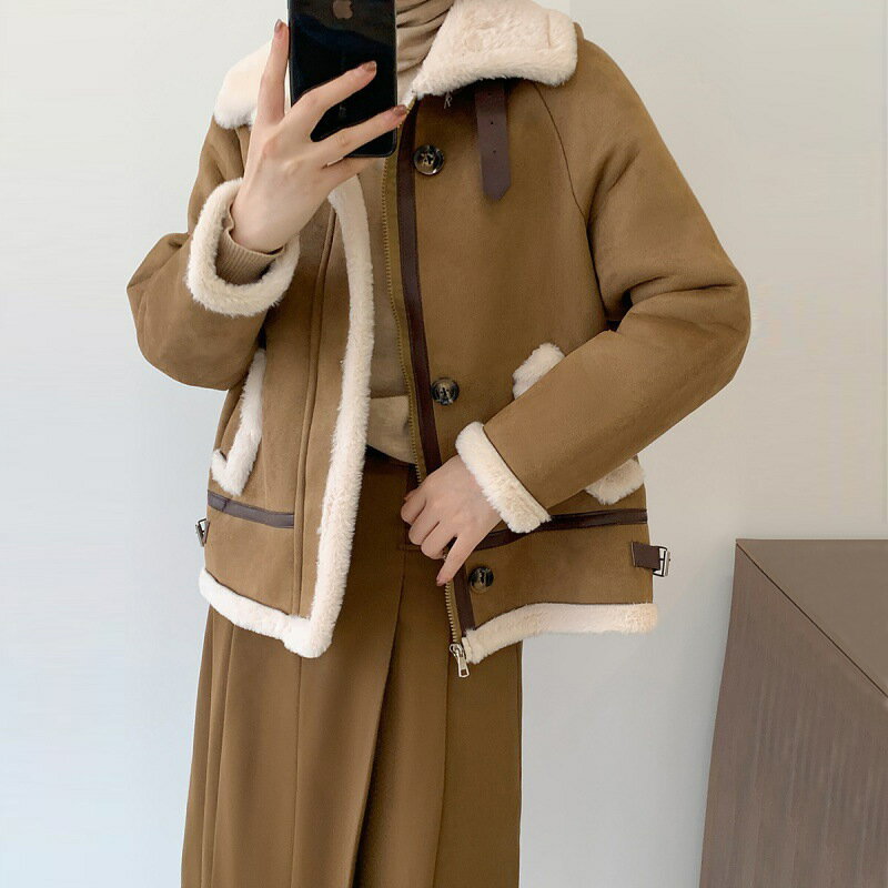 羊羔毛外套麂皮絨大衣-韓系短版加絨加厚女外套2色74hj4【獨家進口】【米蘭精品】