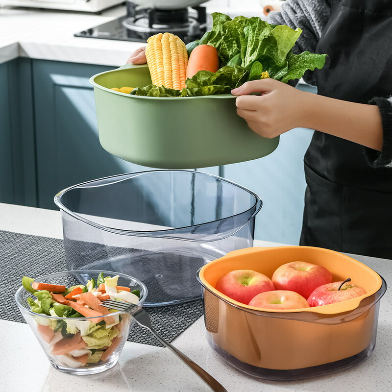 透明雙層瀝水籃大容量廚房洗菜濾水籃大號蔬菜收納籃加印