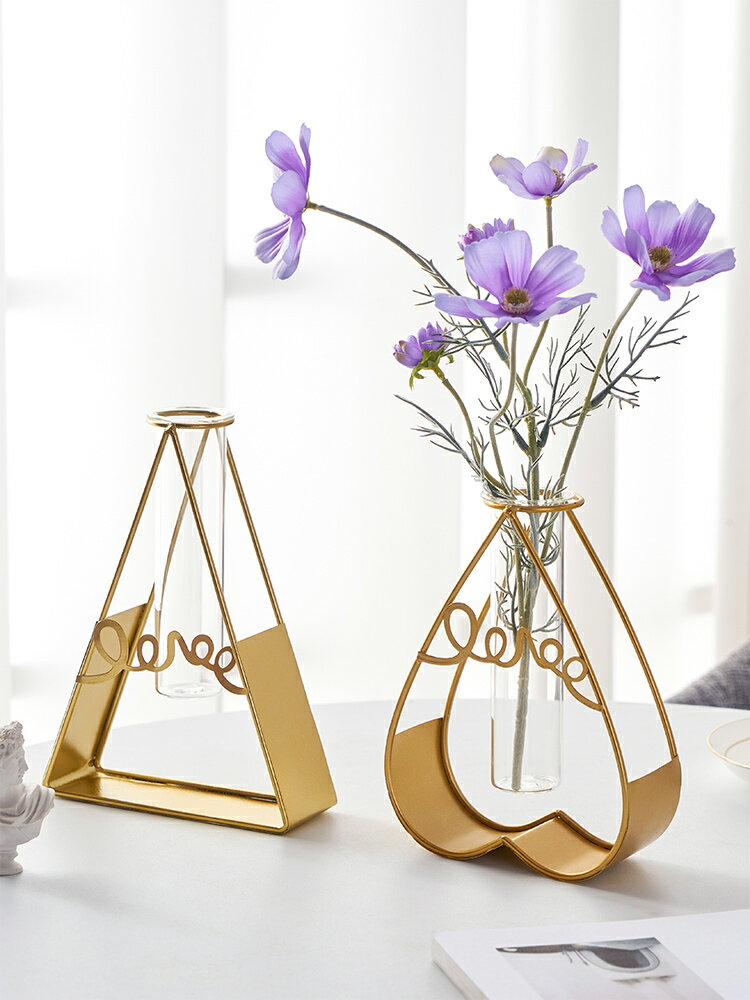 創意輕奢鐵藝玻璃水培花瓶擺件現代簡約客廳干花插花餐桌裝飾