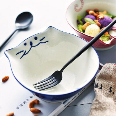 日系貓碗陶瓷大碗泡麵碗沙拉碗拌飯碗貓耳朵手繪貓臉碗可愛餐具-紅/藍【AAA4116】