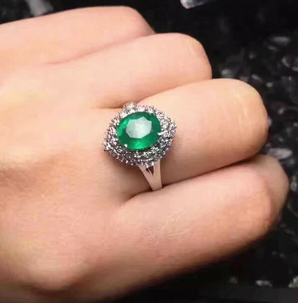 精美時尚天然祖母綠彩色寶石珠寶 經典復古925銀鍍18K白金戒指女