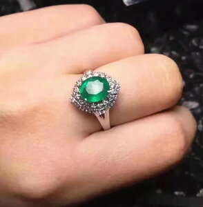 精美時尚天然祖母綠彩色寶石珠寶 經典復古925銀鍍18K白金戒指女