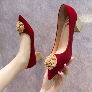 新娘鞋婚鞋女年新款孕婦水鉆中式秀禾紅色單鞋粗跟結婚鞋子