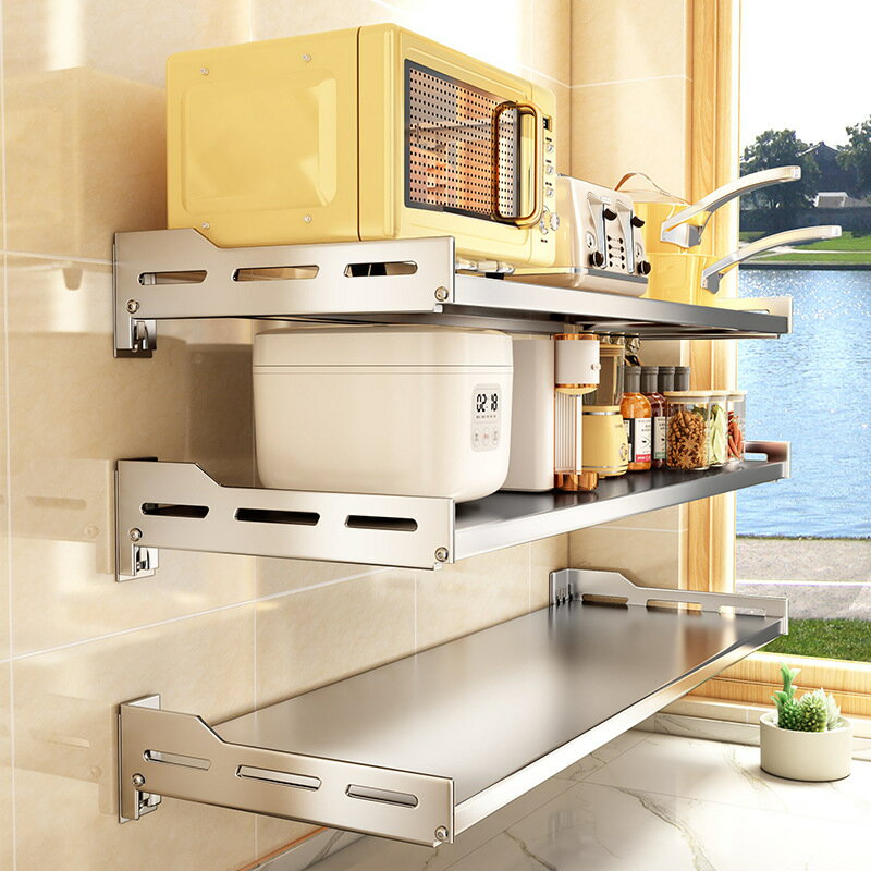 不鏽鋼廚房微波爐置物架墻上烤箱架子支架免打孔壁掛式收納架掛架