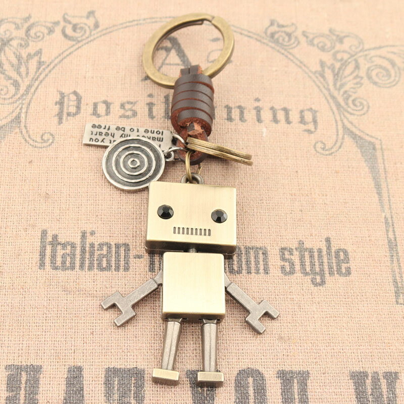 真皮鑰匙圈環鏈扣方形機器人個性吊墜手工編織復古男女包包掛件