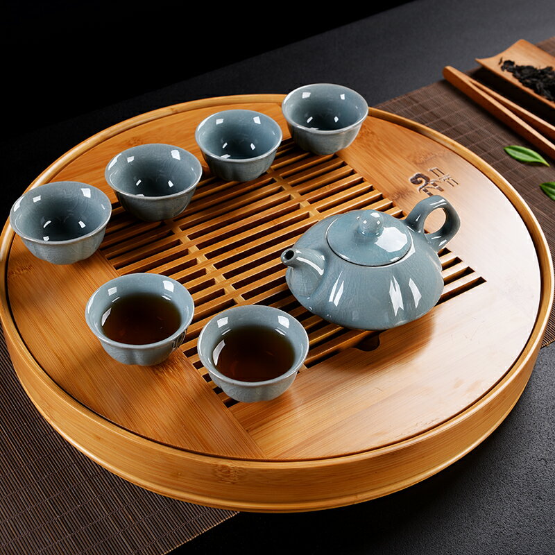 竹製茶盤小號家用儲水茶臺功夫茶具套裝簡約幹泡茶海圓形茶托實木