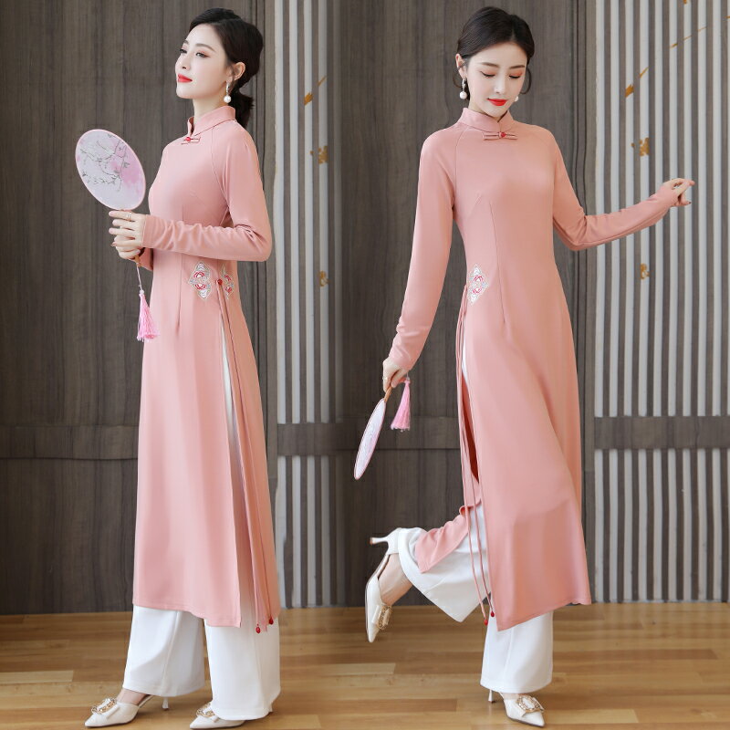 春季女裝中國風中式改良立領旗袍奧黛復古刺繡連衣裙長款顯瘦
