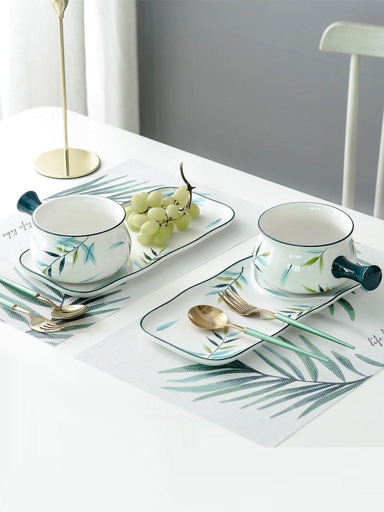 日式早餐餐具陶瓷家用碗碟創意個性可愛網紅手把碗一人食碗盤套裝