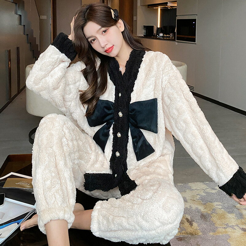 韓國ins法式小香風睡衣女名媛甜美氣質加厚保暖法蘭絨家居服套裝