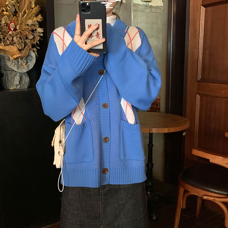 復古學院風菱形圖案翻領毛衣開衫外套女寬松休閑針織上衣1入