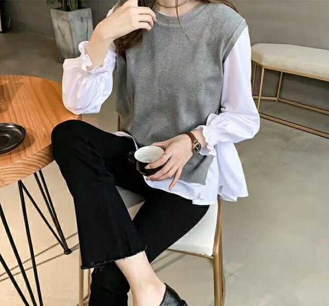 中大尺碼女裝~秋季新款 兩件式素面襯衫+針織馬甲 顯瘦百搭大尺碼上衣 7