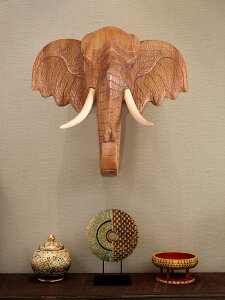 泰國象頭壁掛客廳背景墻墻面大象頭掛件玄關動物裝飾KTV中式掛飾