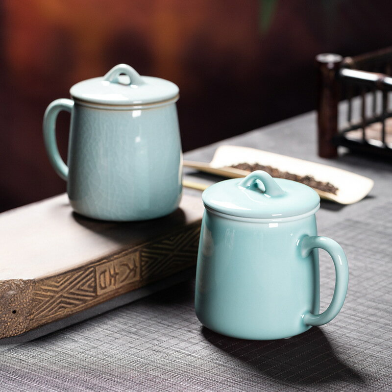 龍泉青瓷 創意同心杯帶蓋過濾茶杯單杯 大號家用會客茶水杯辦公杯