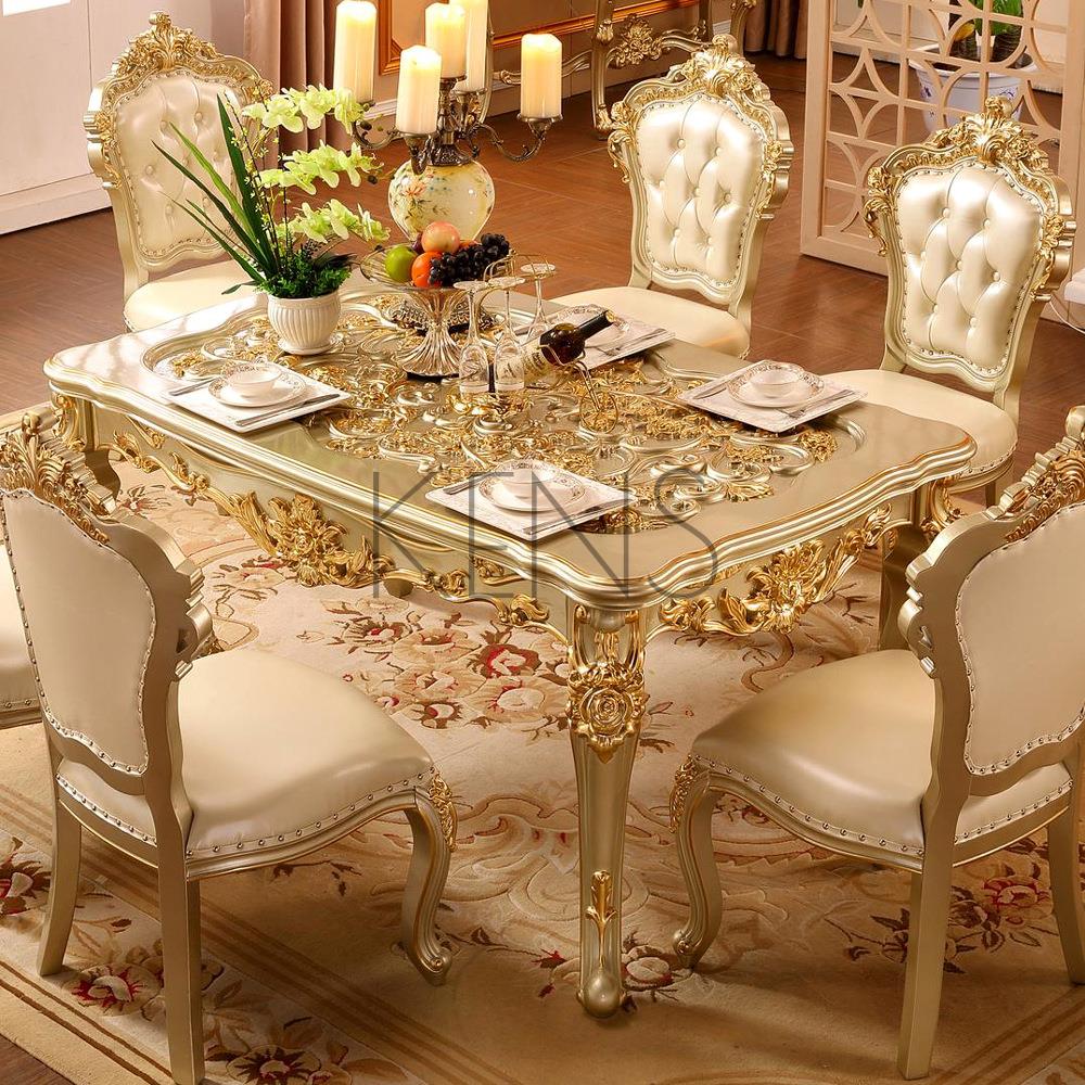 【滿599免運】餐桌 餐檯 歐式全實木餐桌香檳金色長餐桌方桌飯臺法式美式新古典餐桌椅組合